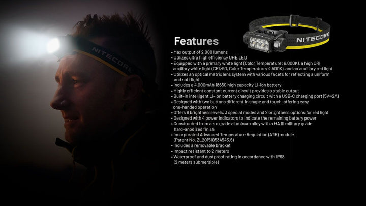 Nitecore UHE Metal Headlamp Torch Triple Output 2000 Lumens